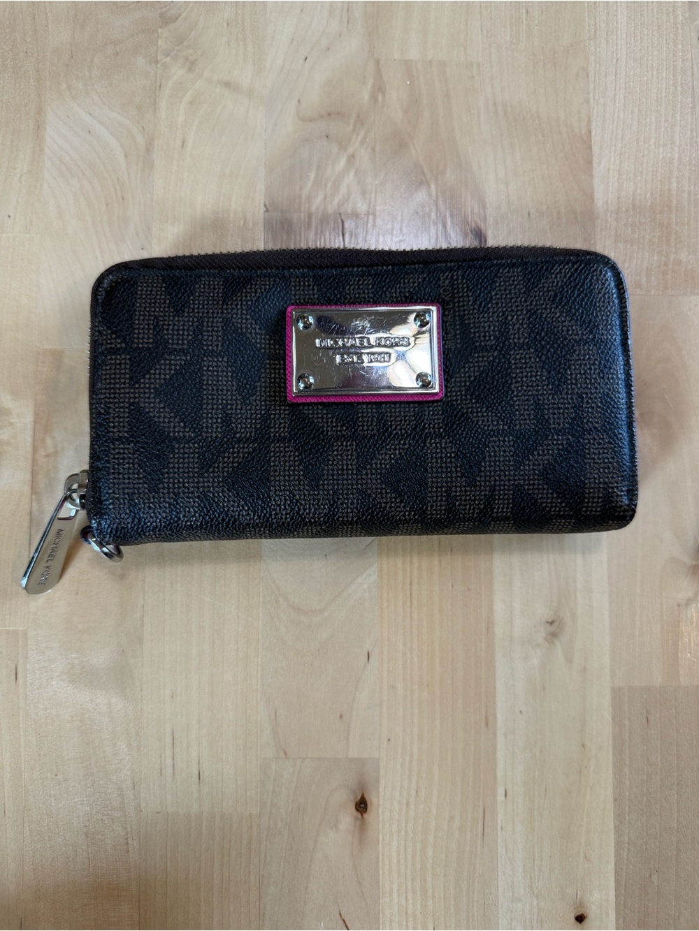 Michael Kors Dark Brown MK Logo Zip Wallet with Gold Plaque and Pink Trim